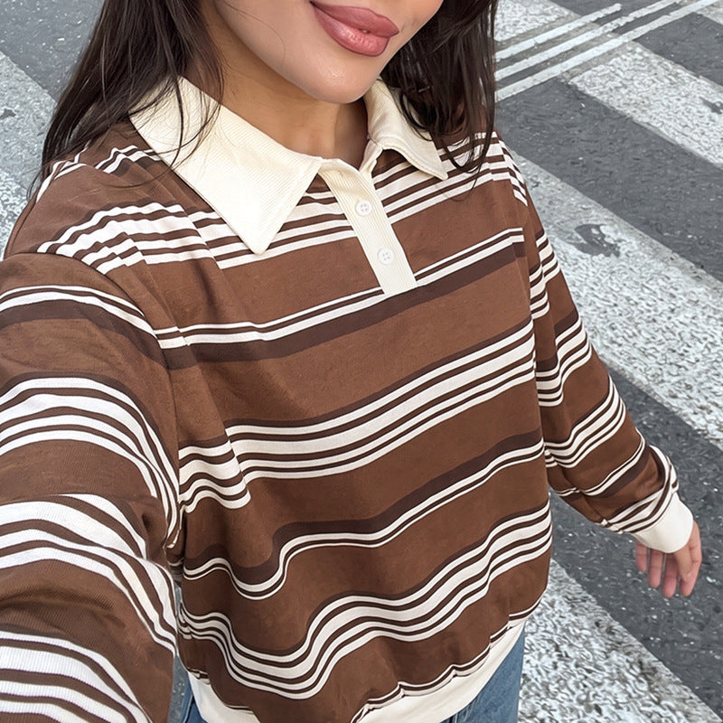 Striped Polo Neck Pullover Top Relaxed Fit Long Sleeve