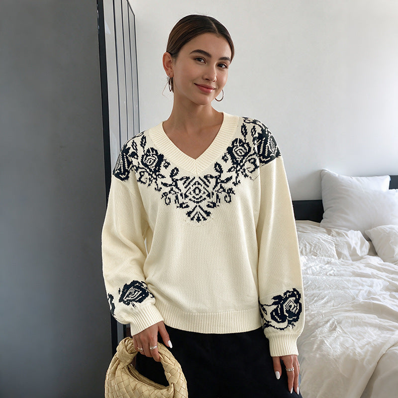 Women's Oversized V-Neck Rose Sweater Vintage Knit Pullover