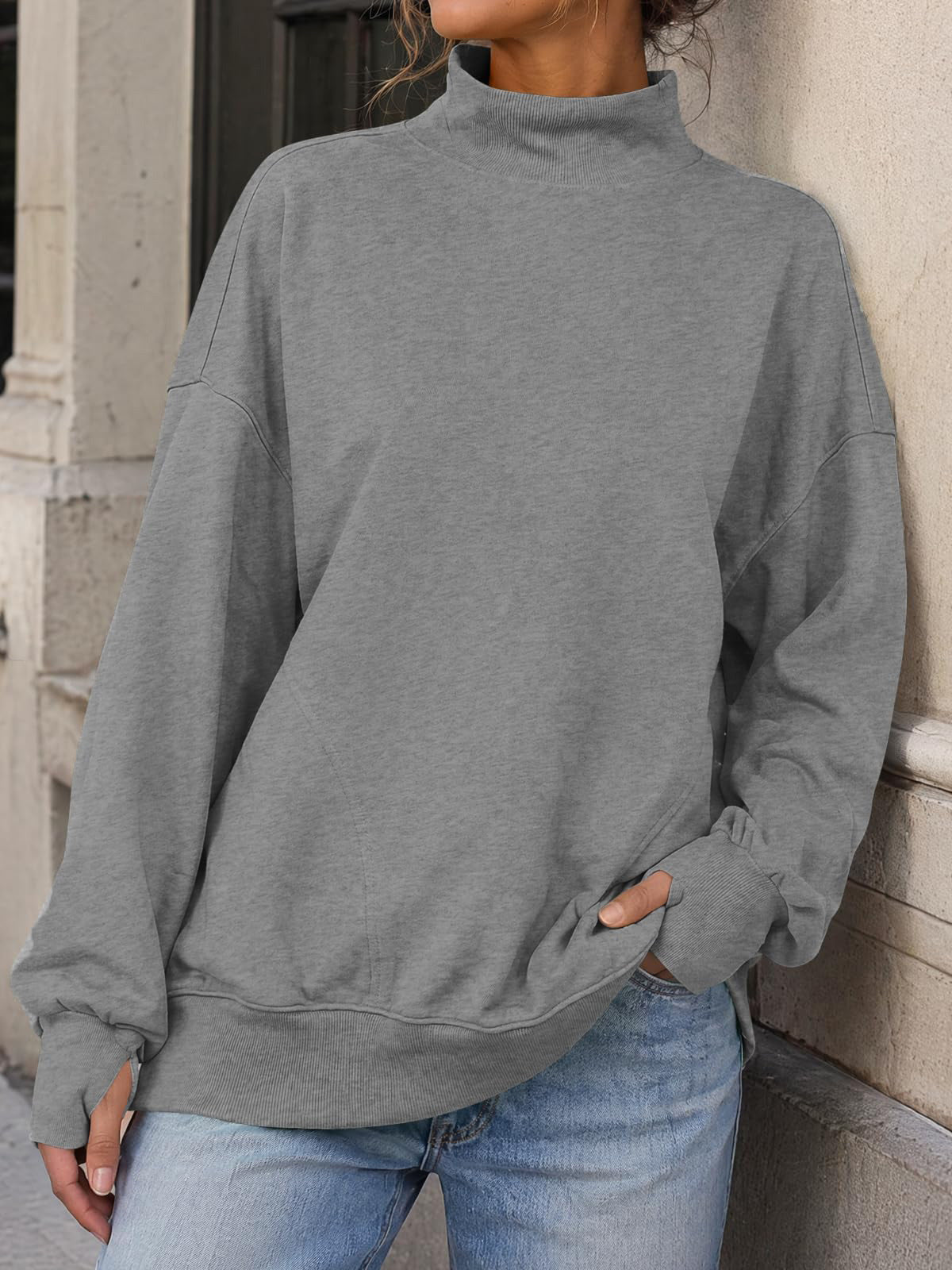 Mock Neck Oversized Womens Sweatshirt Solid Pullover Top