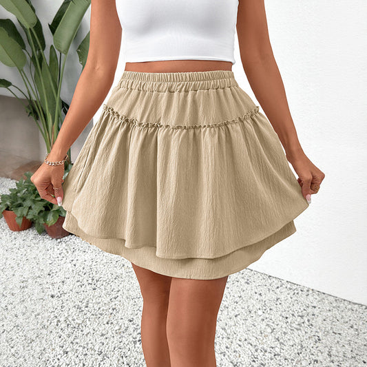 Layered Khaki A-Line Mini Skirt with Elastic Waist