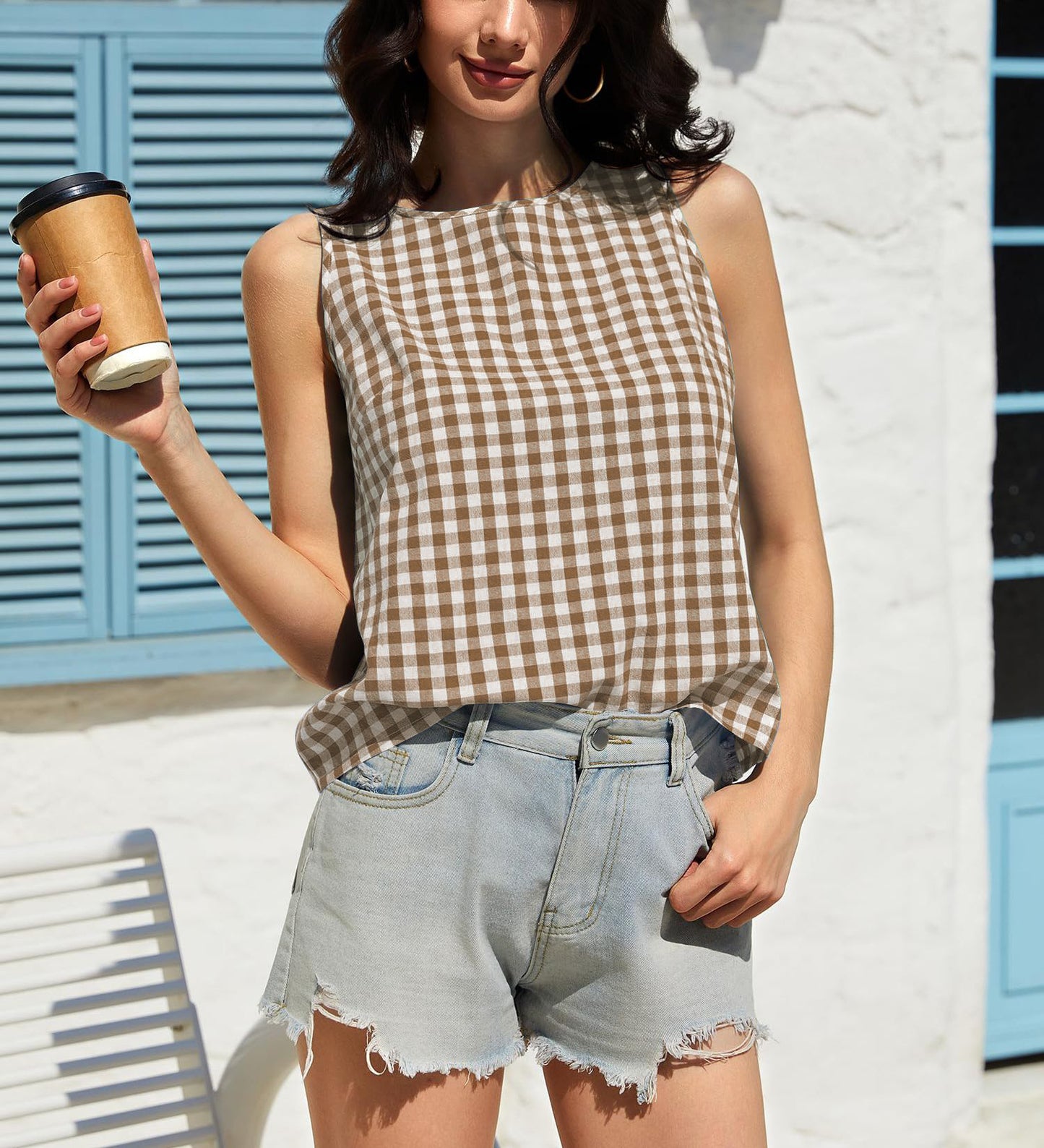 Gingham Cotton Tank Top Casual Sleeveless Crew Neck