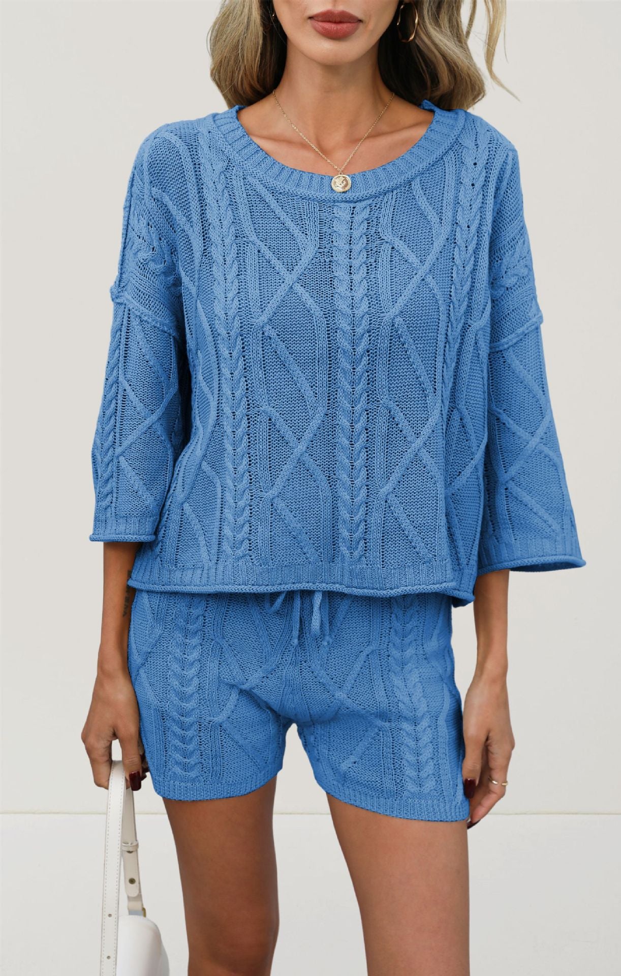 Khaki Knit Lounge Set Cable Textured Top Shorts Set