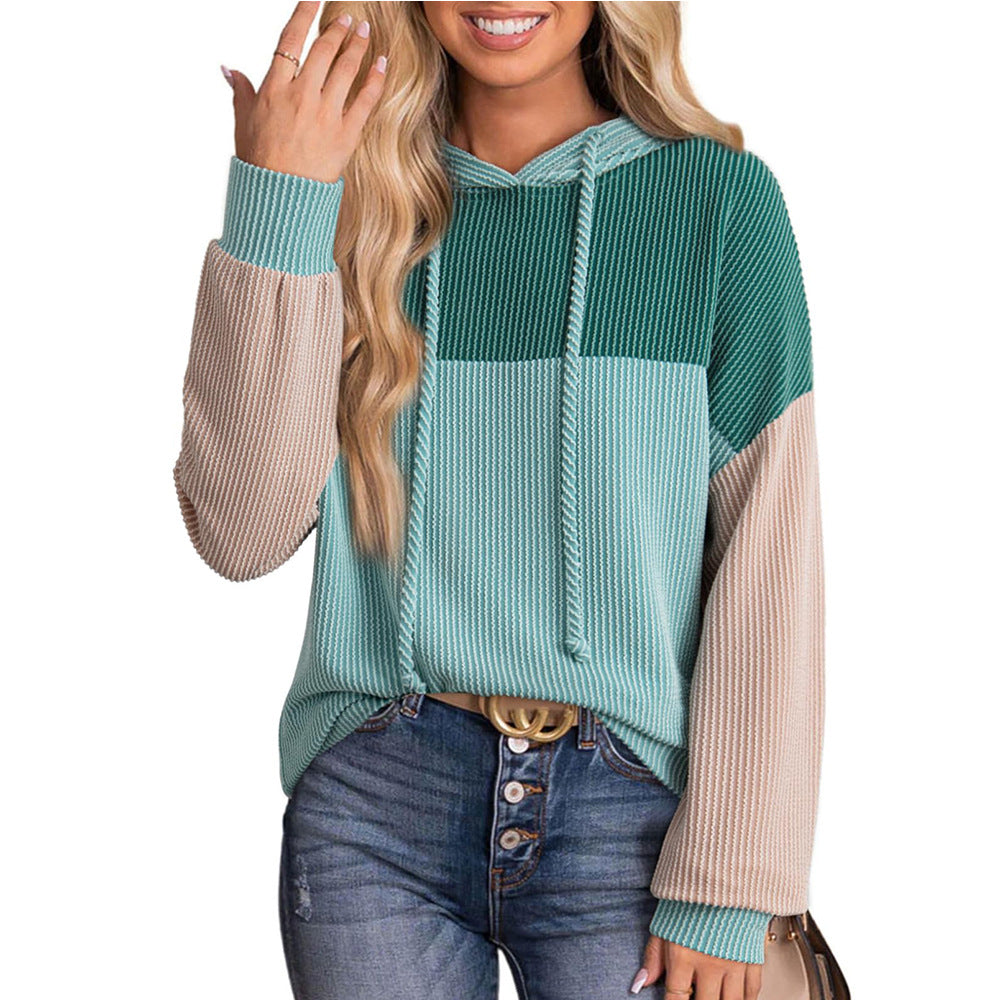 Colorblock Knit Hoodie Pullover Casual Loose Fit Sweatshirt