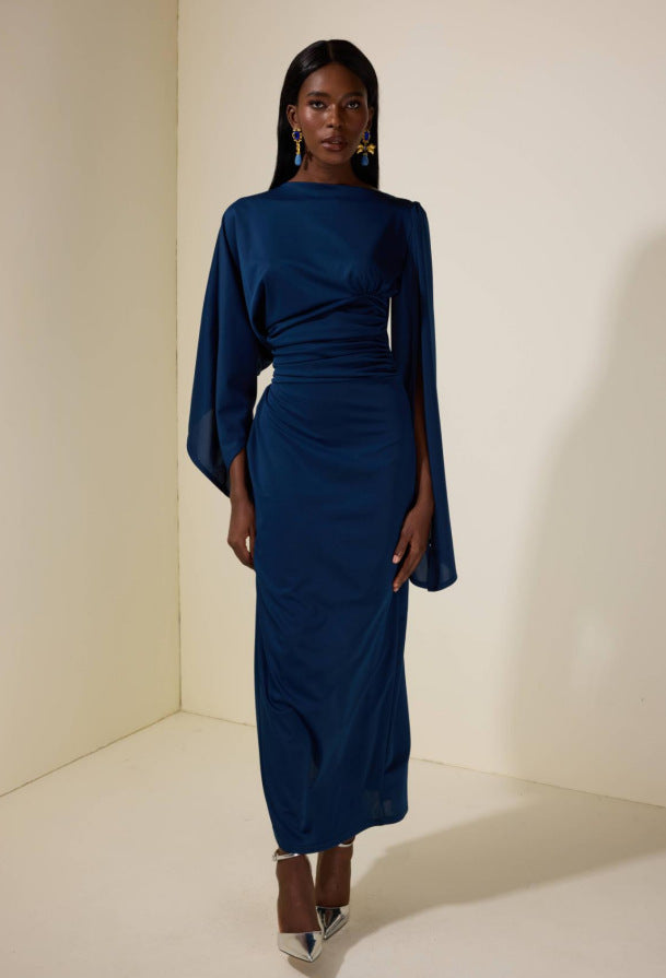 Women's Draped Ruched Batwing Sleeve Maxi Dress