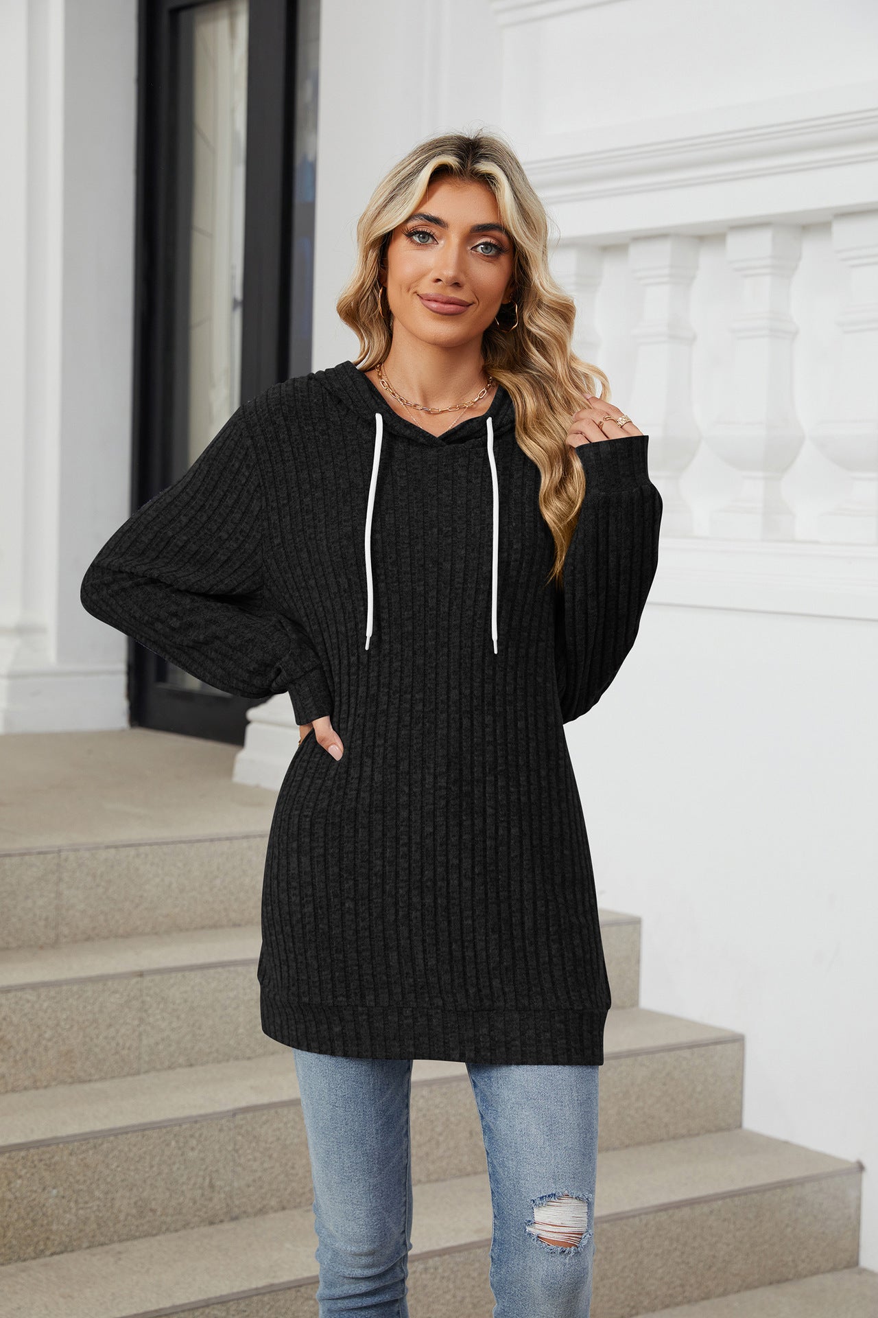 Solid Color Long-sleeved Loose Hooded Polished Sweater