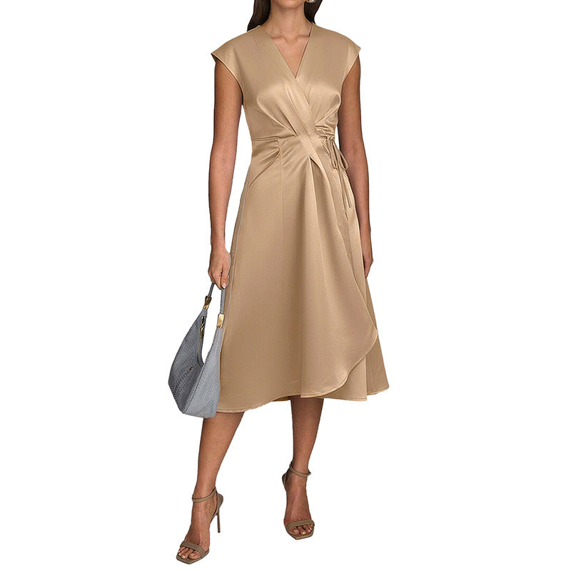 Elegant Sleeveless Satin Wrap Dress with Tie Waist for Women