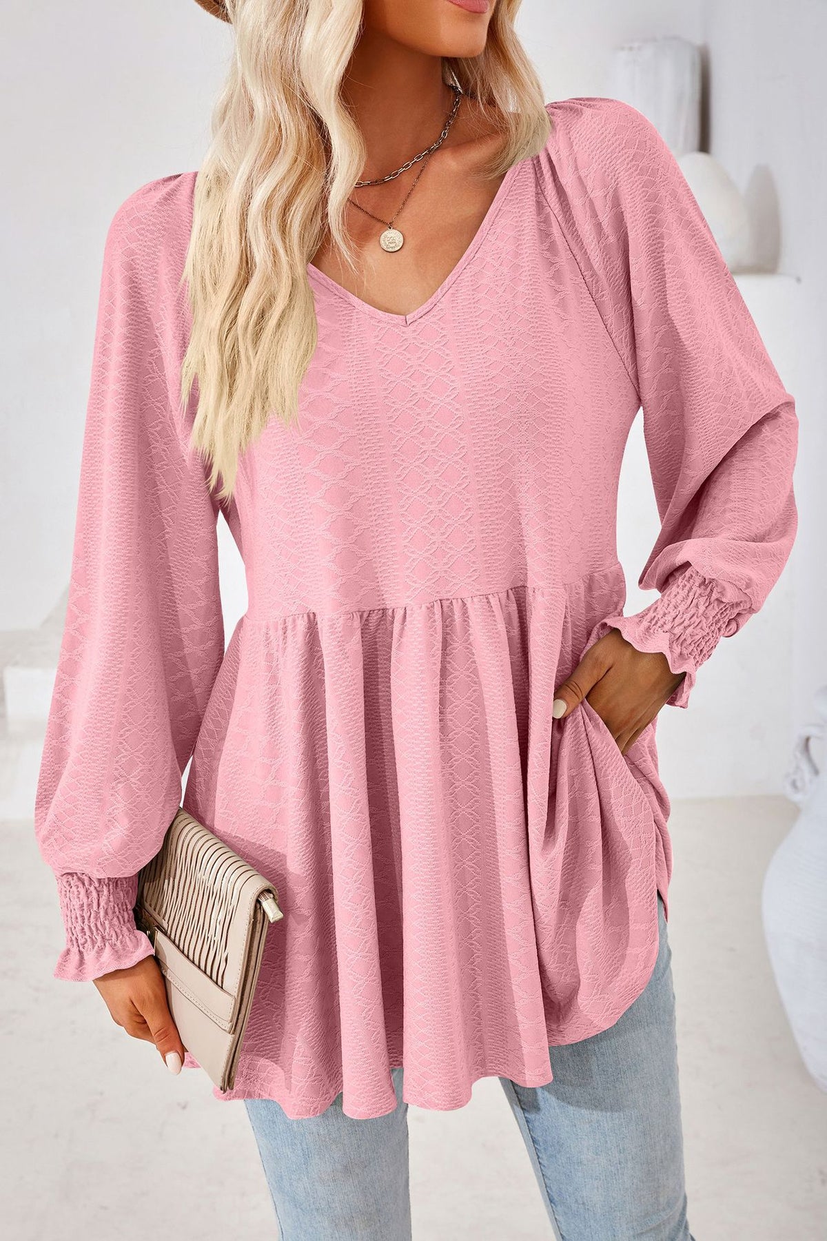 Women's V Neck Long Sleeve Textured Babydoll Tunic Top