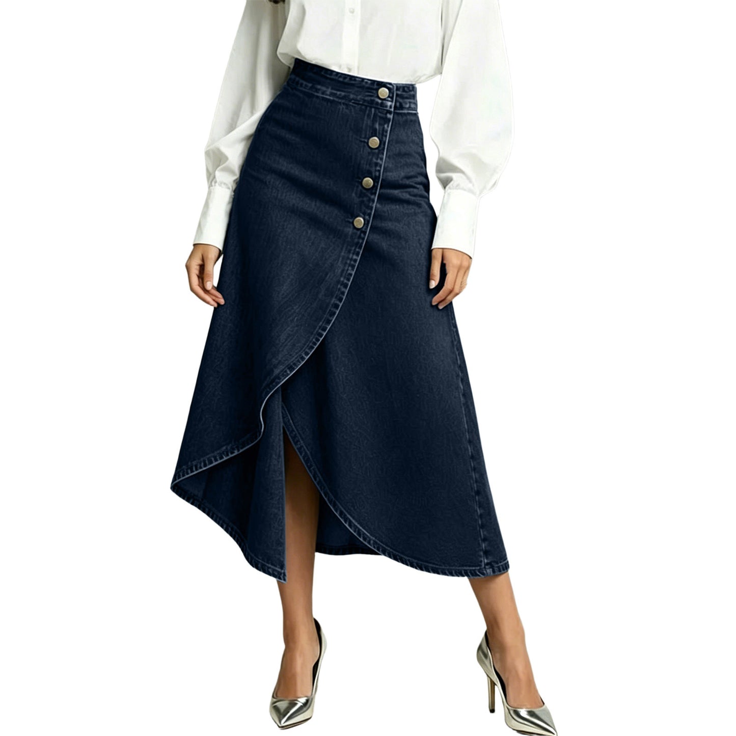 Washed Denim High Waist Asymmetrical Button Midi Skirt