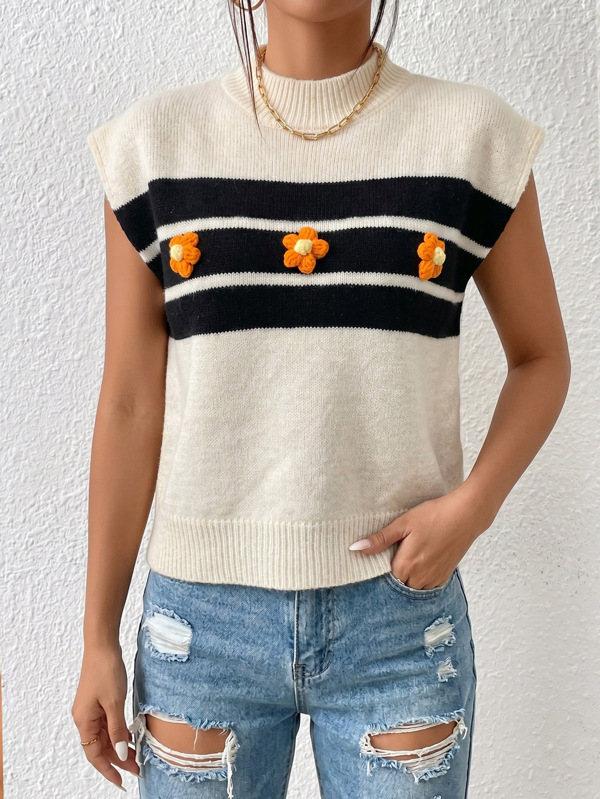 Women's Striped Crochet Flower Sweater Vest