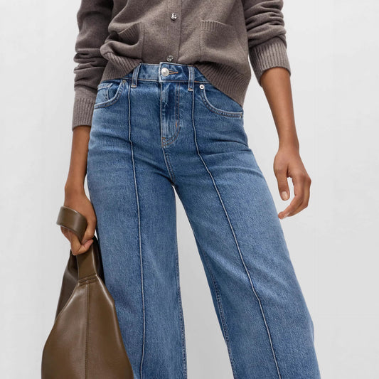 High Rise Seam Detail Wide Leg Denim Jeans