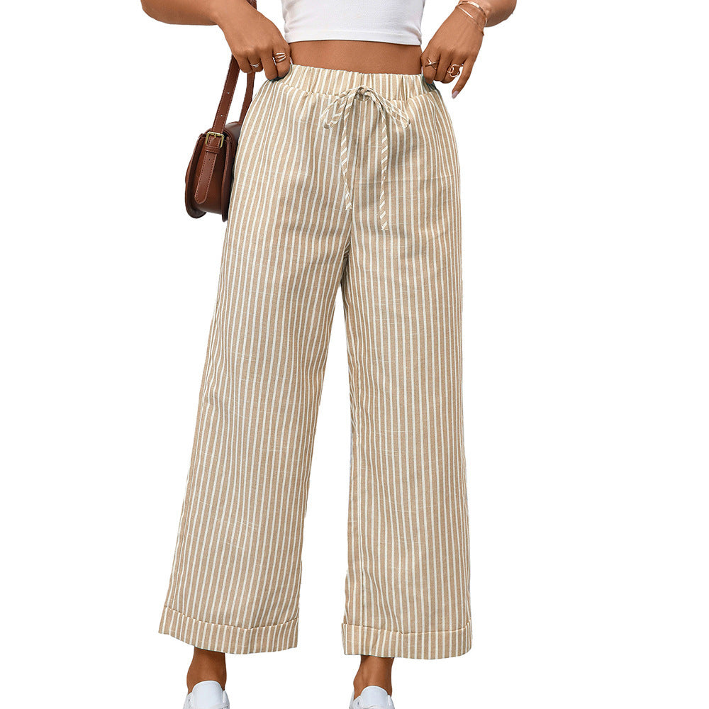 Striped High Waist Cropped Straight Leg Casual Pants