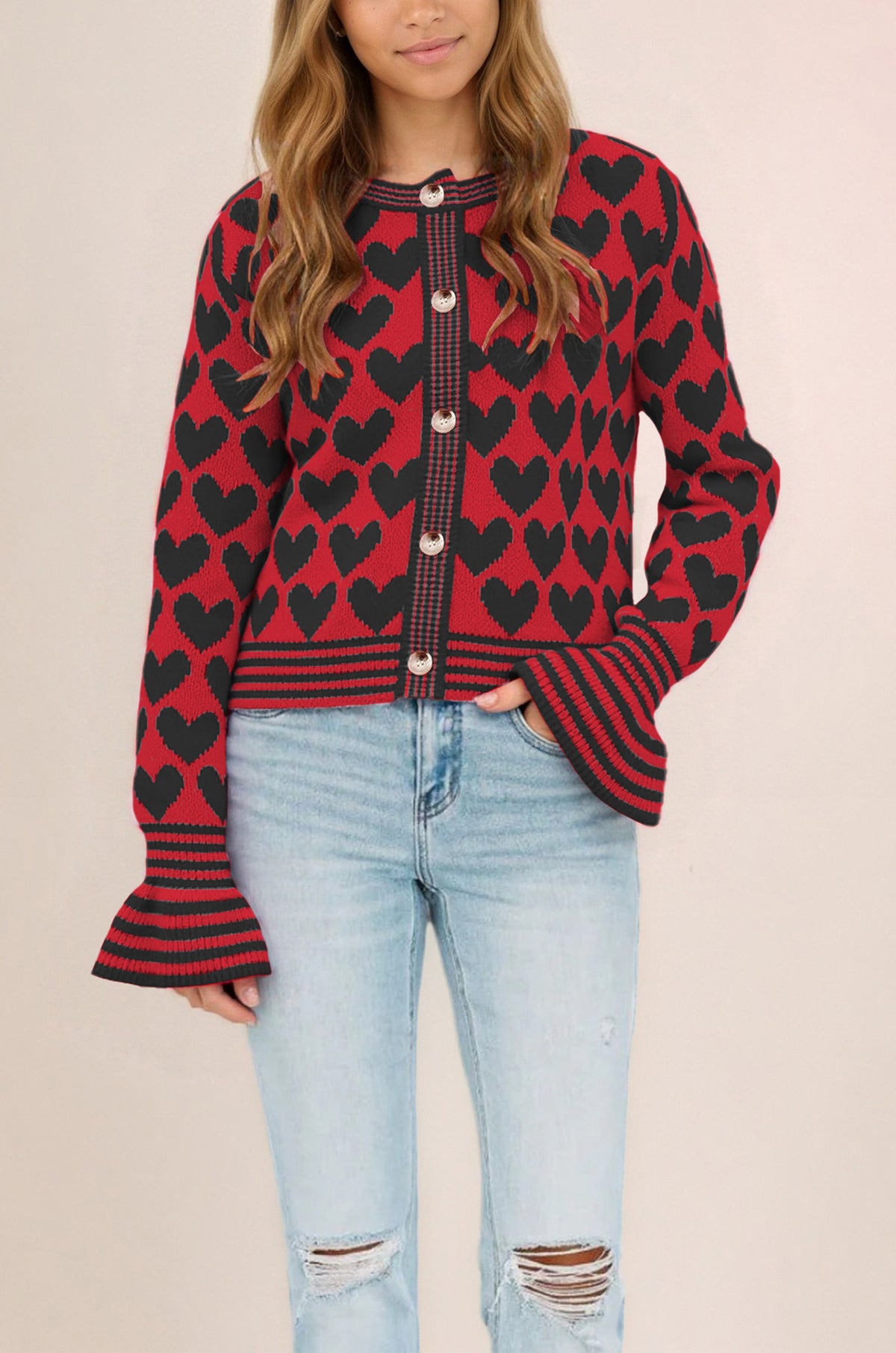 Women's Heart Print Bell Sleeve Knit Cardigan Sweater