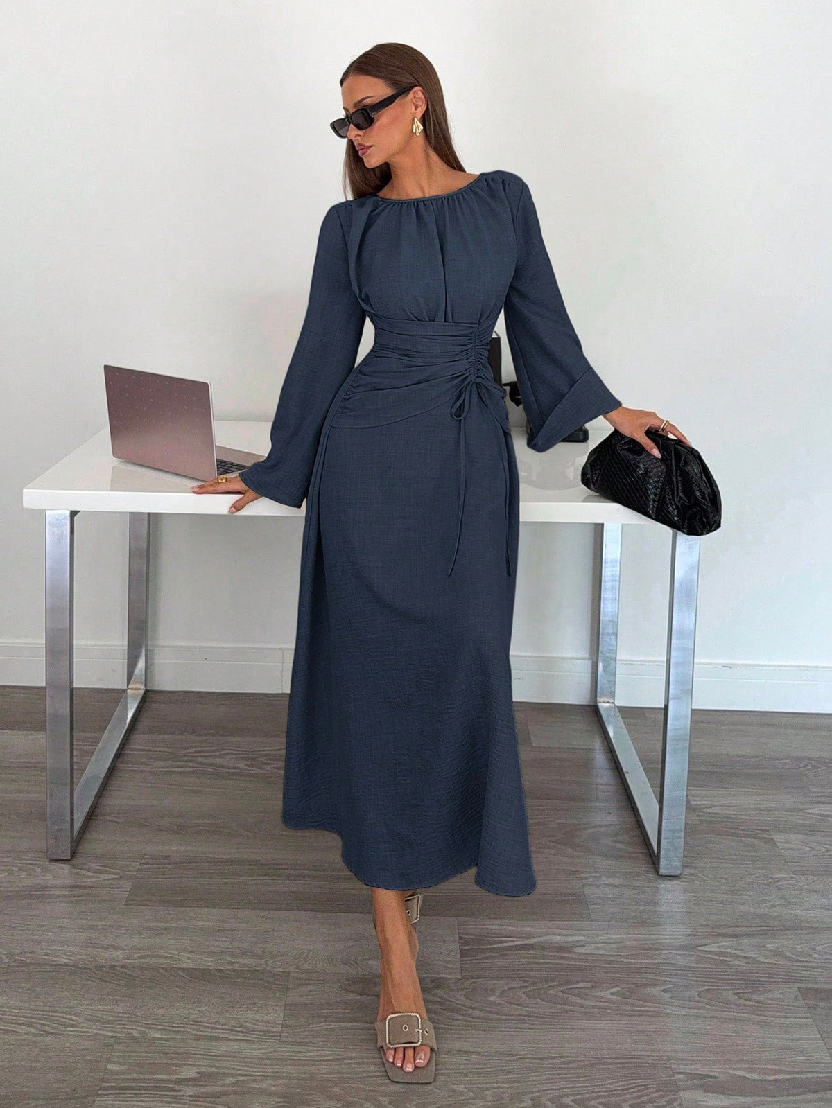 Women's Long Sleeve Tie Waist Ruched Midi Dress