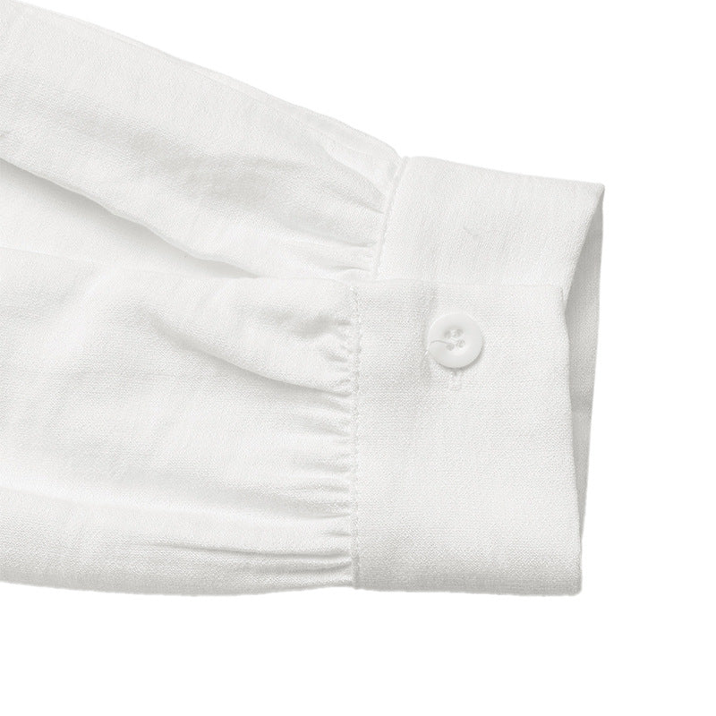 Ruffle Trim Stand Collar White Blouse Long Sleeve Top