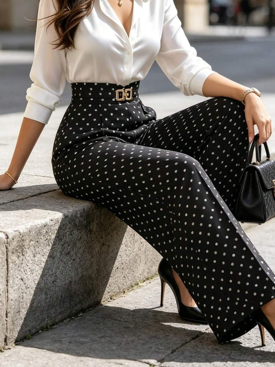 Women's Polka Dot High Waisted Wide Leg Black Dress Pants