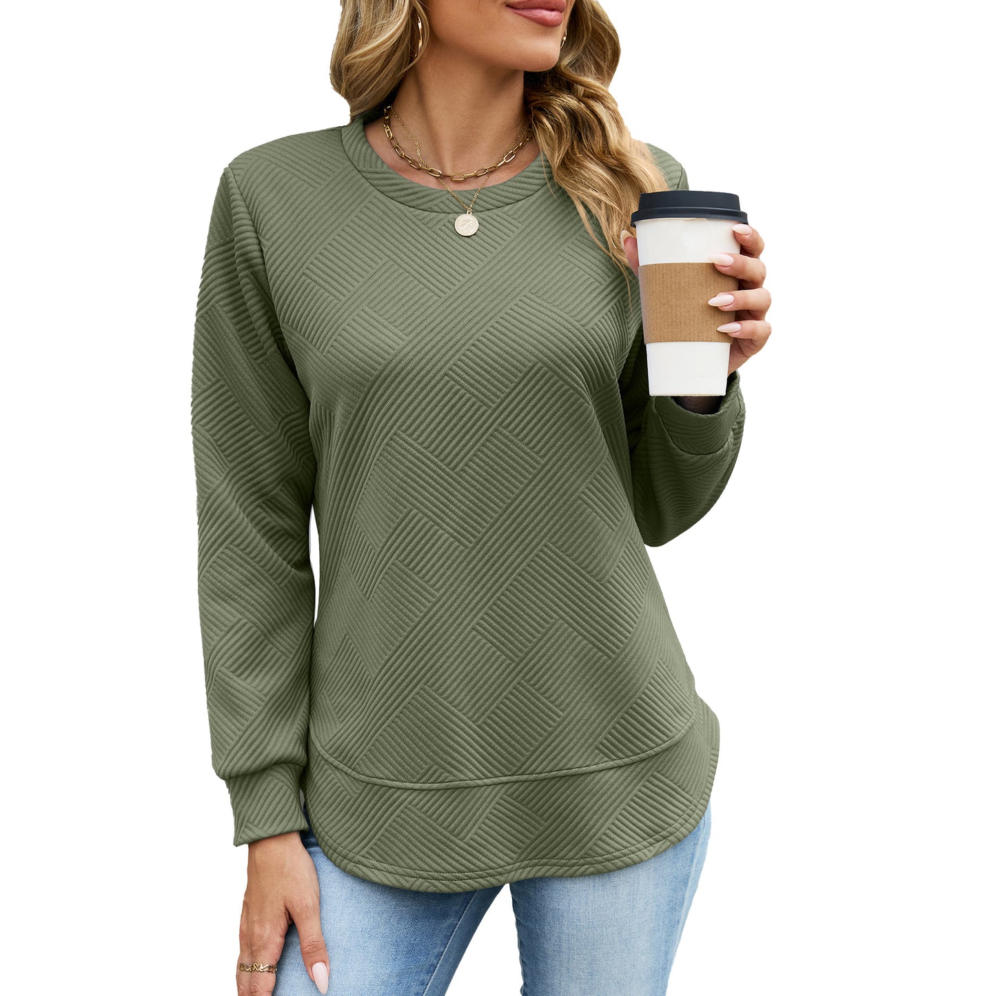 Solid Textured Cotton Sweatshirt Relaxed Long Sleeve Top