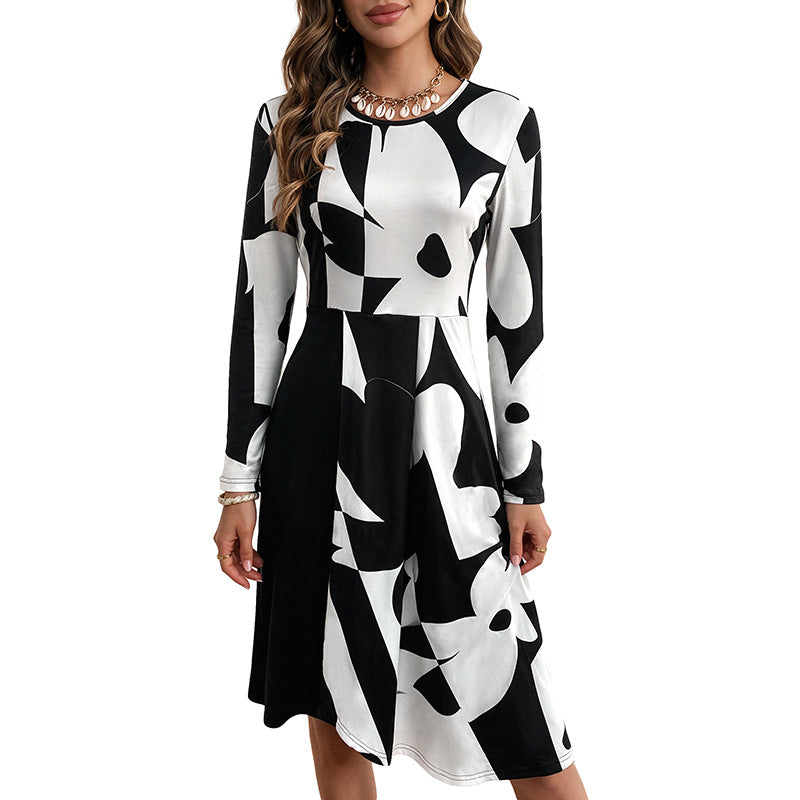 Abstract Print Long Sleeve Mini Dress Crew Neck Fit
