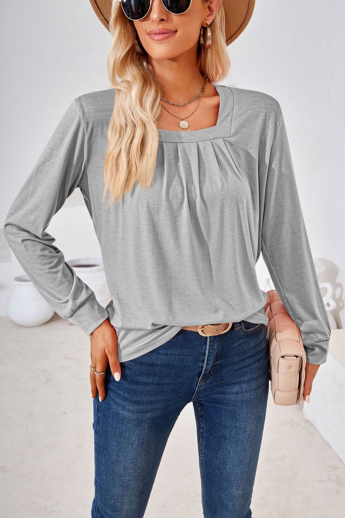 Women's Square Neck Pleated Long Sleeve Tunic Top