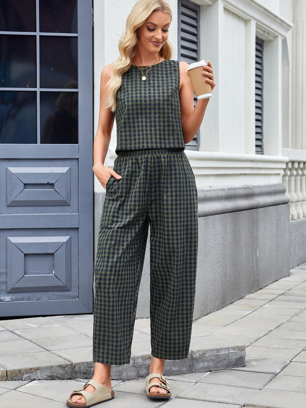 Women's Plaid Sleeveless Top & Pants Two Piece Set