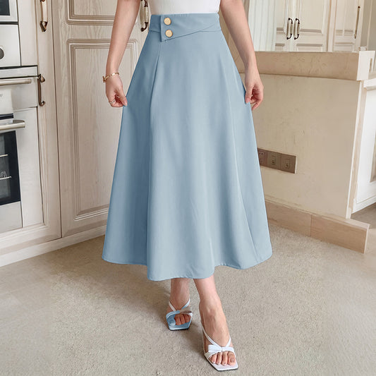 Solid Chiffon Midi Skirt Workwear High Waist Button