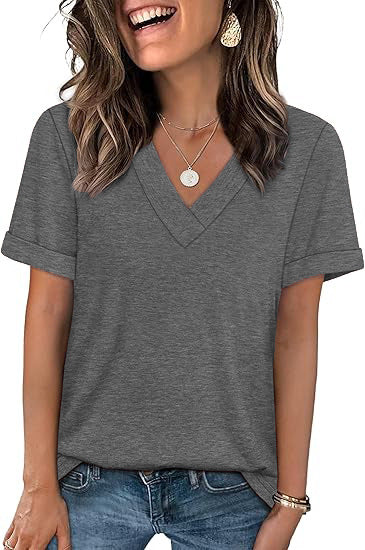 V Neck Basic Tee Short Sleeve Casual Loose Fit Top