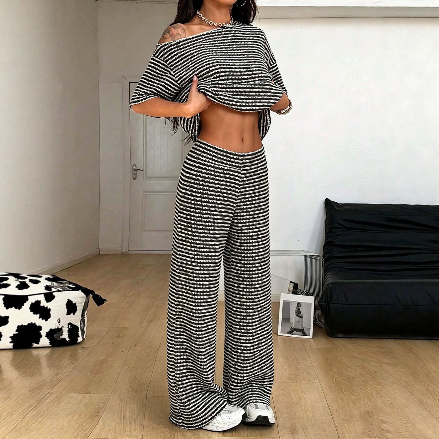 Striped Off Shoulder Knit Wide Leg Pants Set