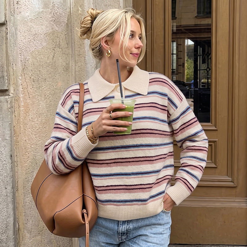 Striped Polo Neck Knit Sweater Relaxed Casual Pullover