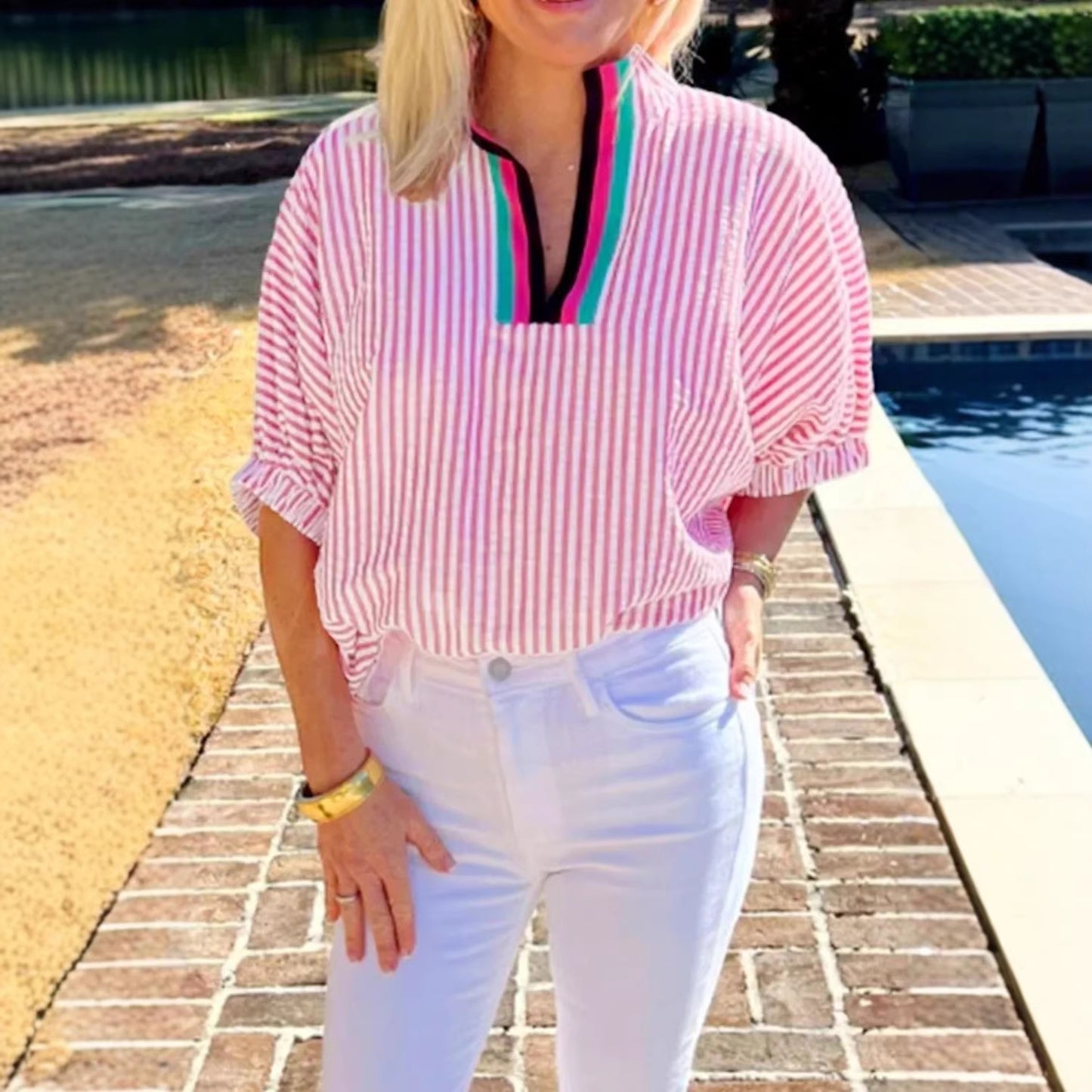 Striped V-Neck Colorblock Blouse Puff  Sleeve Casual Top
