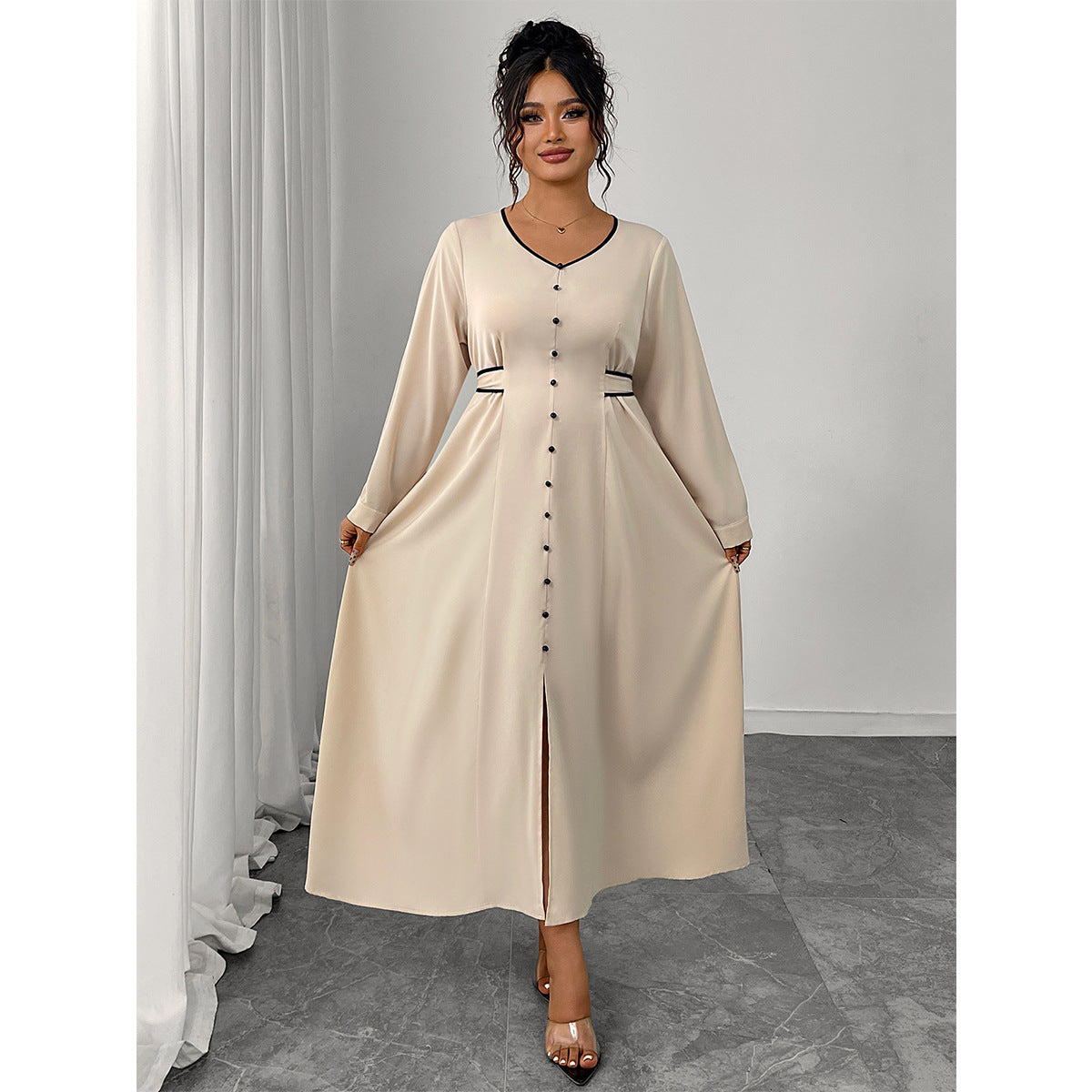 Plus Size Satin Button Front Belted Maxi Dress