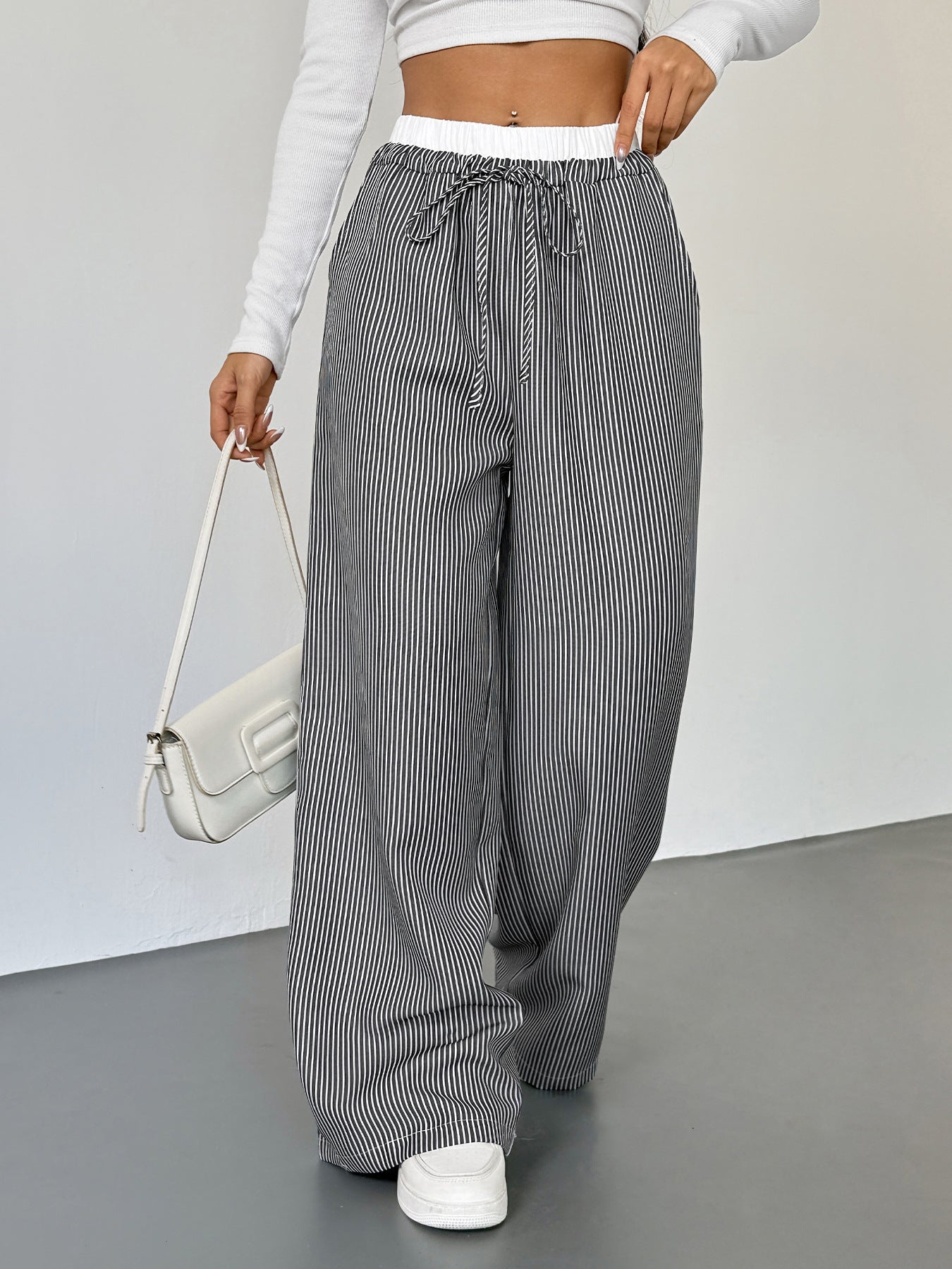 Striped Wide Leg Pants High Waist Casual Long Trousers