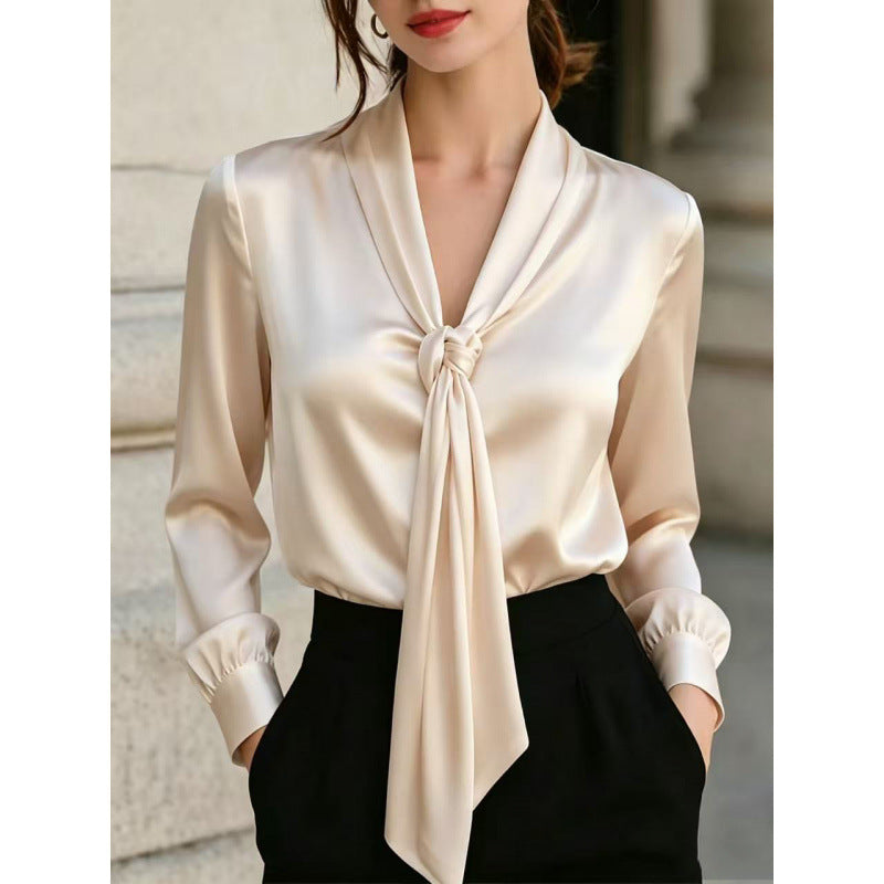 Solid Satin Blouse Elegant Tie Neck Long Sleeve