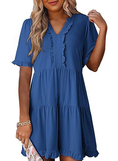 Green V Neck Ruffle Trim A Line Tiered Mini Dress