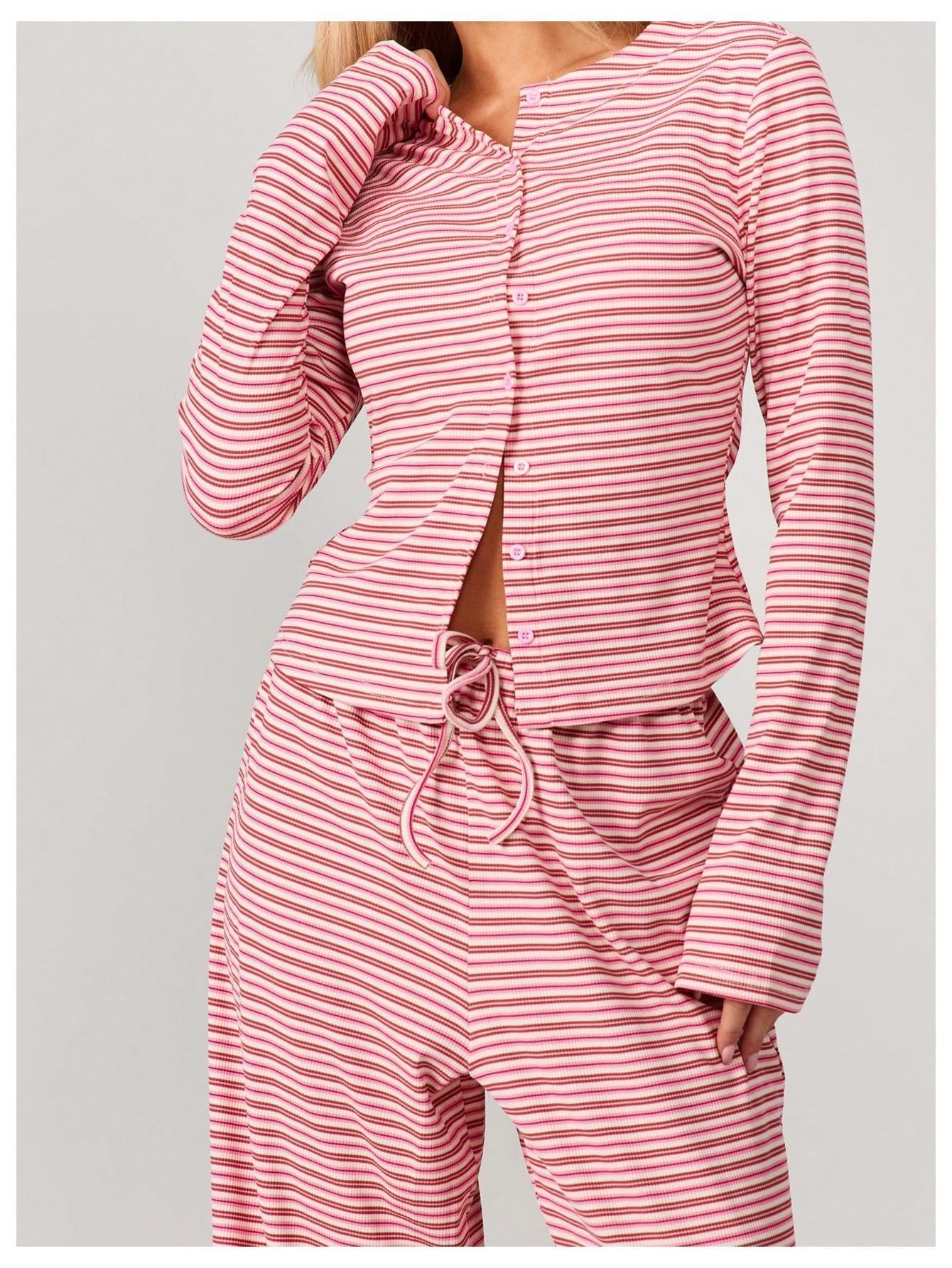Striped Lounge Set Long Sleeve Top & Pants Soft Casual Outfit