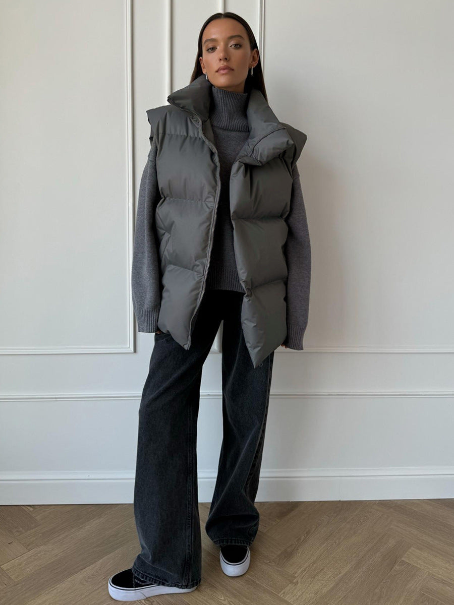Oversized Longline Puffer Vest High Collar Zip Front