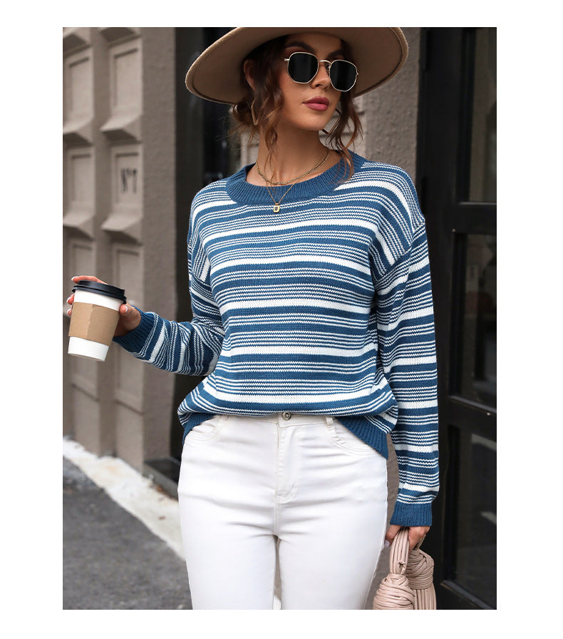 Striped Knit Crewneck Long Sleeve Pullover Sweater  Product Description