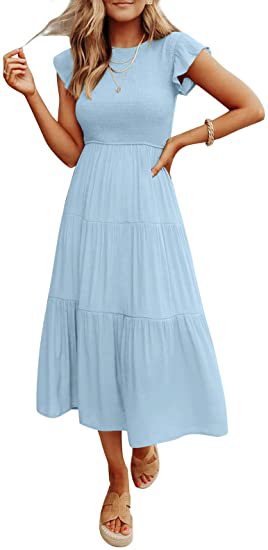 Smocked Waist Flutter Sleeve Tiered Midi Dress for Women