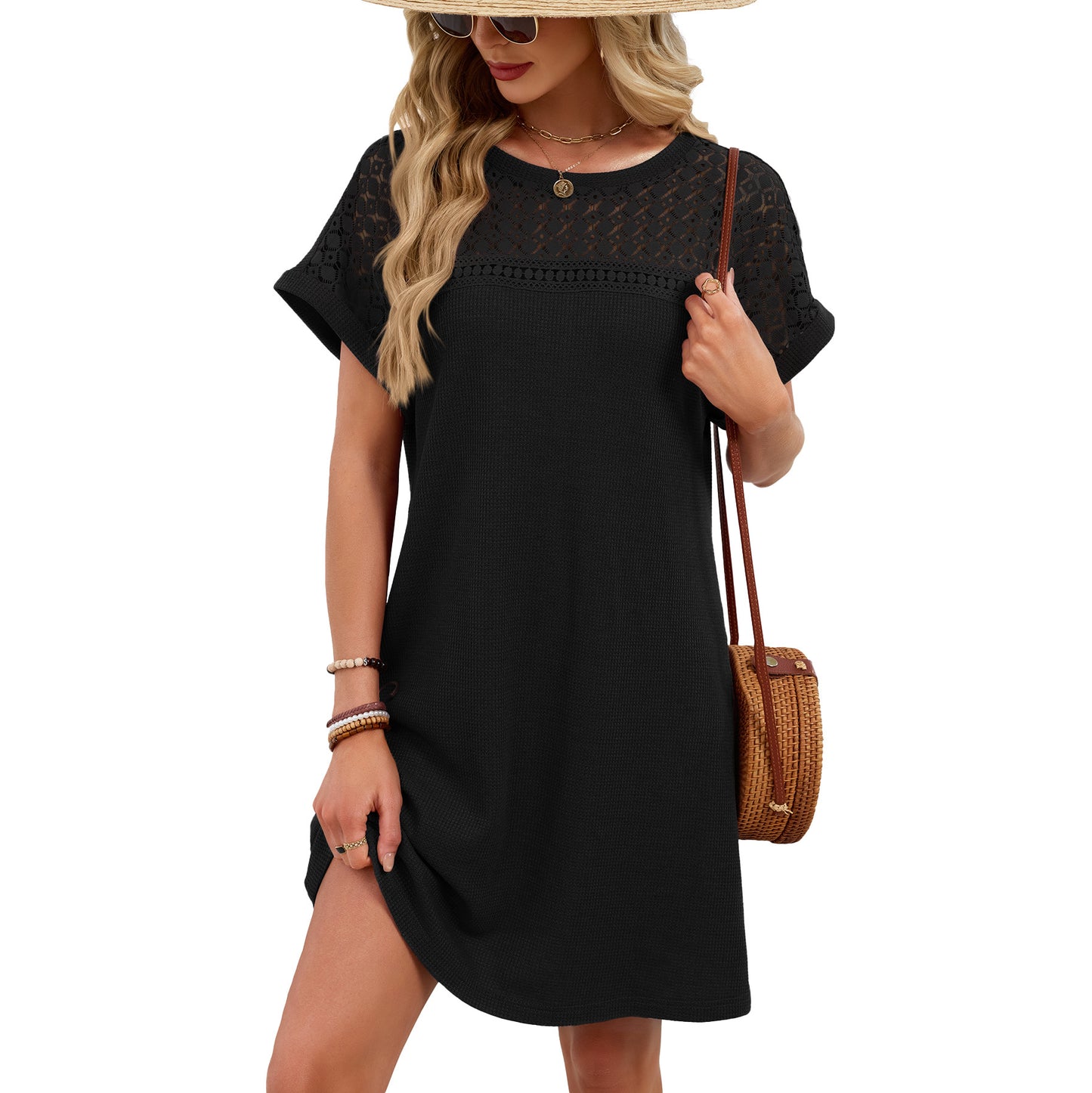 Lace Patchwork Casual Short Sleeve Loose Summer Dress