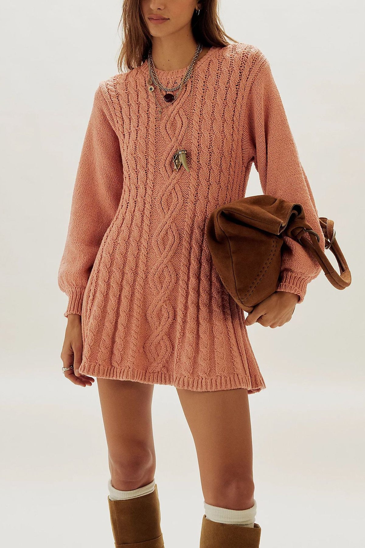Cable Knit Crew Neck Long Sleeve Sweater Dress