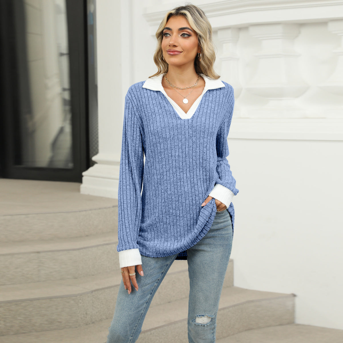 Women's Color Block Collar Long Sleeve Oversized Knit Top
