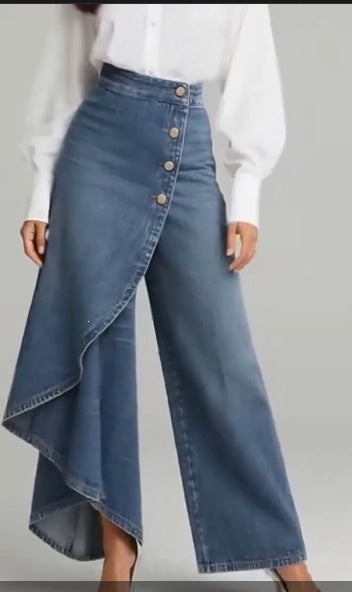 Solid Denim Wide Leg Pants Asymmetric Wrap High Waist Jeans