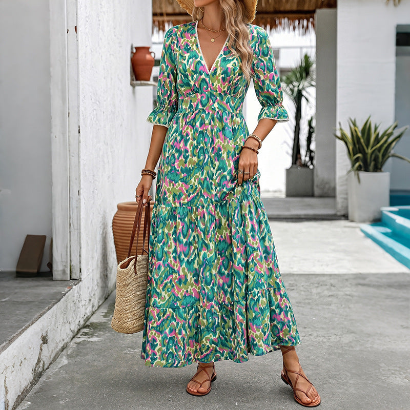 Abstract Cotton Maxi Dress Resort V Neck Tiered