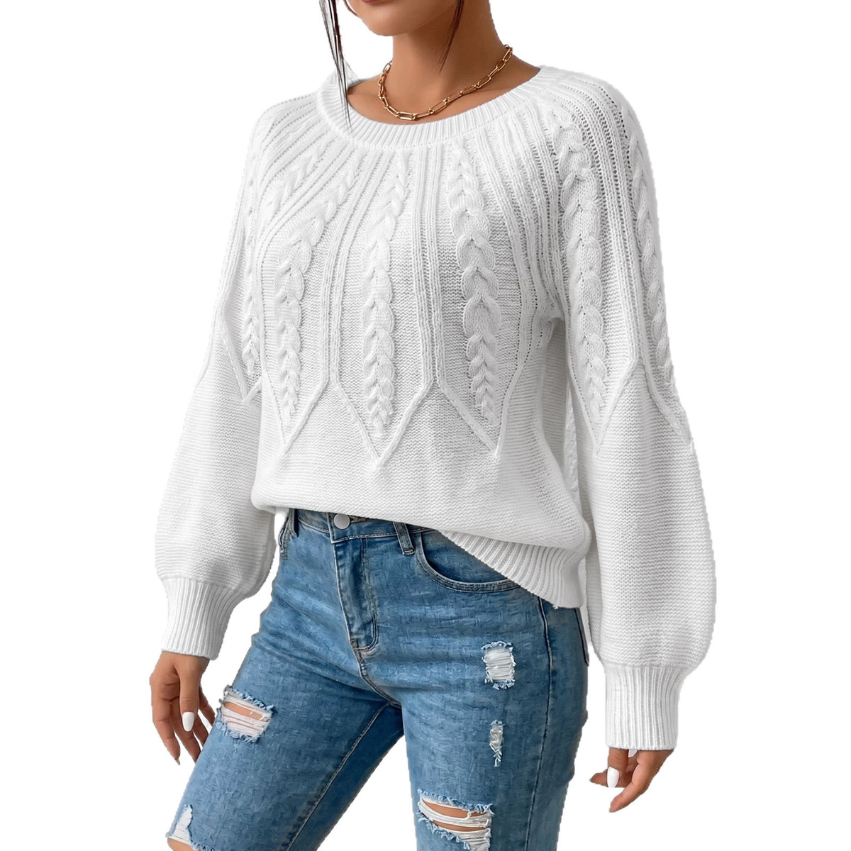 Women's Soft Cable Knit Crew Neck Pullover Sweater