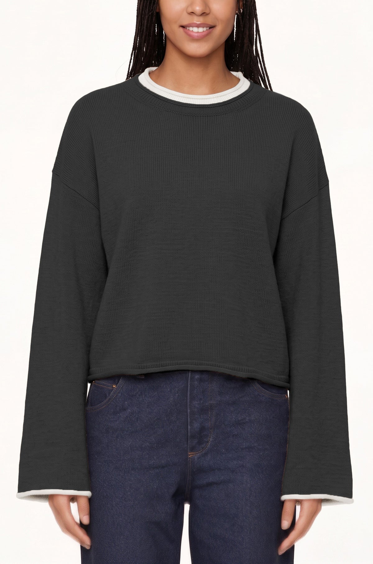 Women's Contrast Trim Crew Neck Oversized Knit Sweater