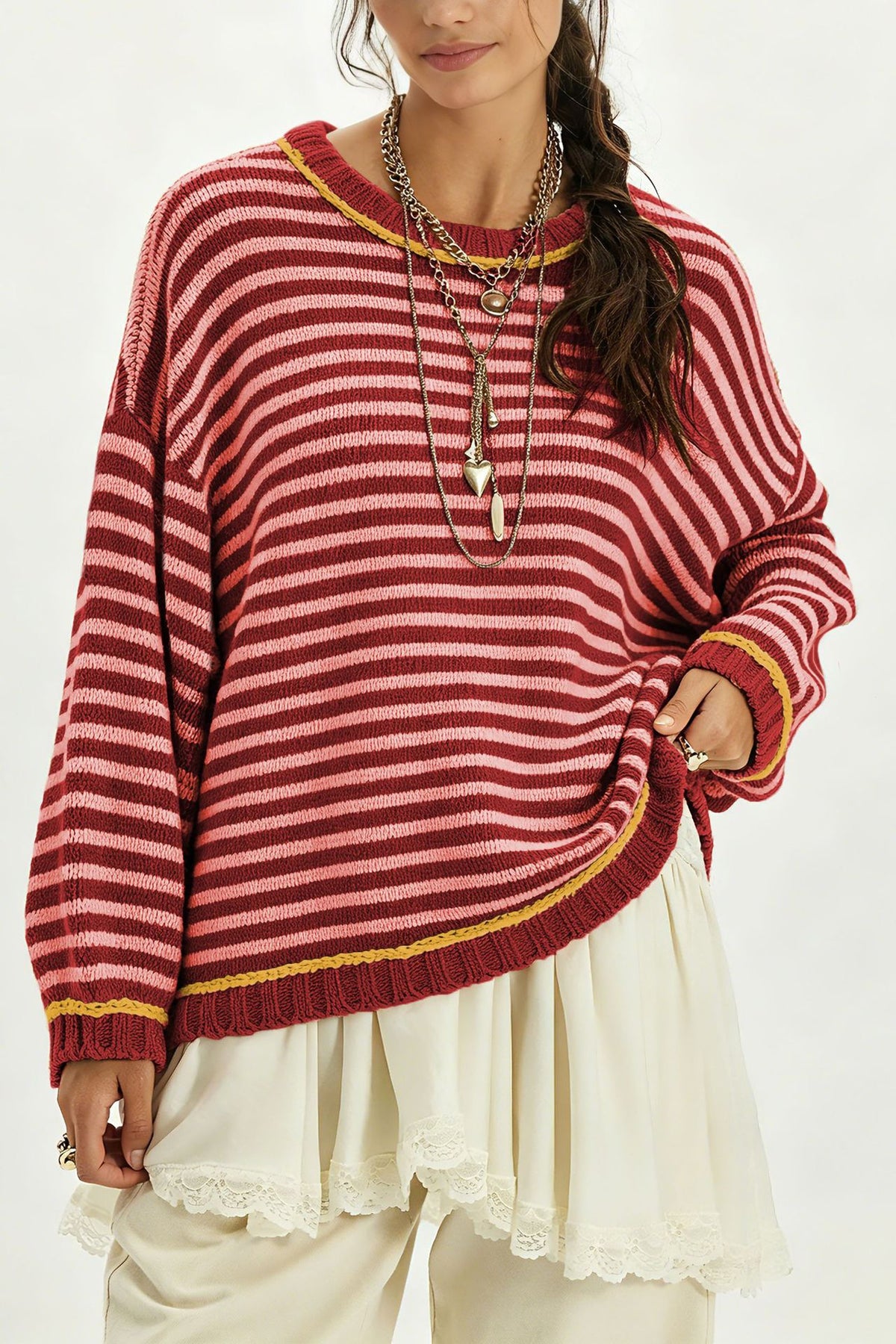 Oversized Color Block Striped Sweater Balloon Sleeve