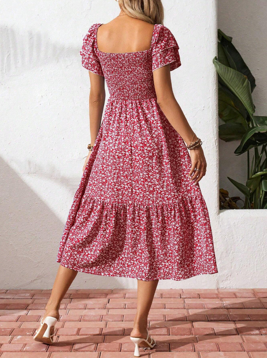 Floral Square Neck Smocked Short Sleeve Maxi Summer Dress