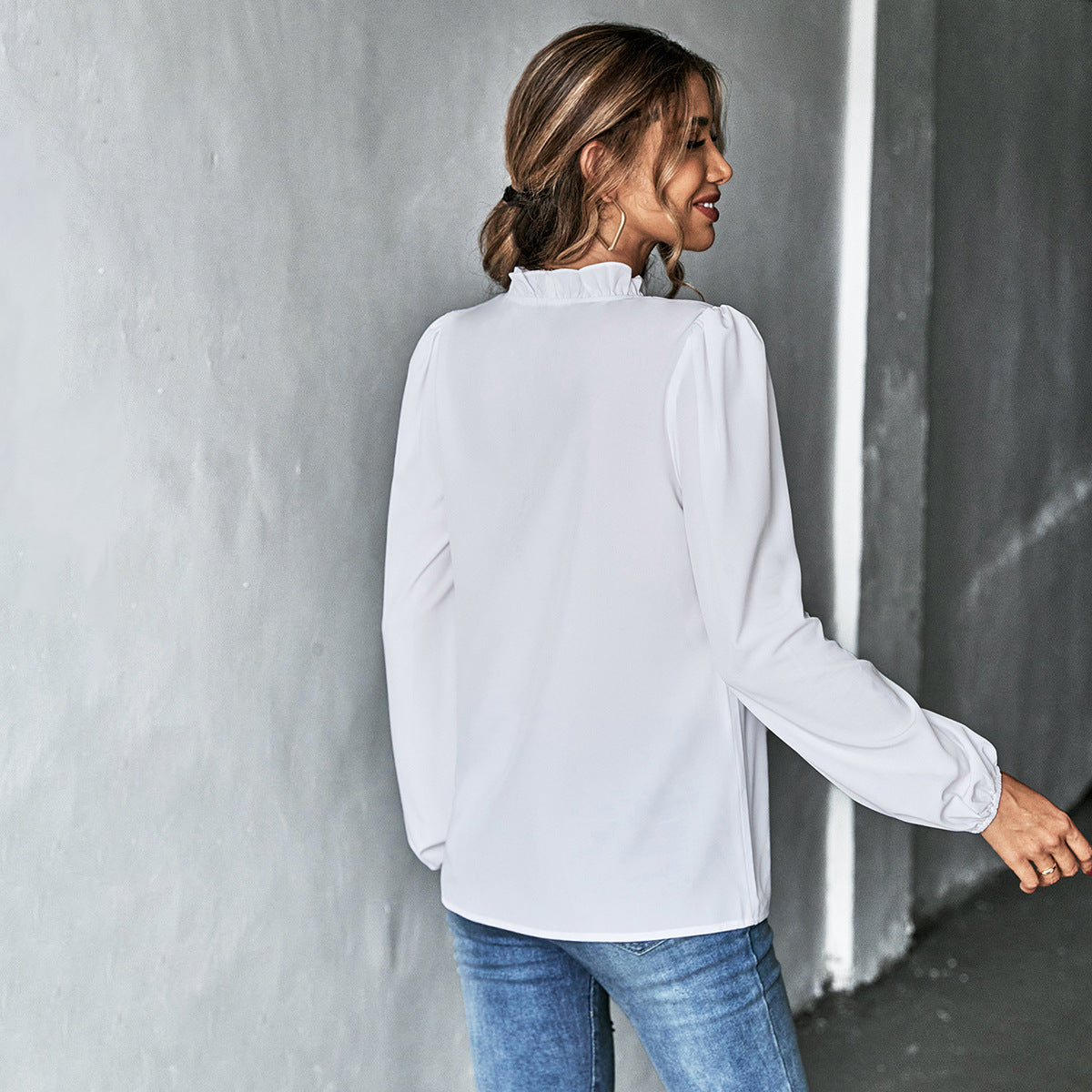 Ruffle V Neck Puff Sleeve Dressy Blouse