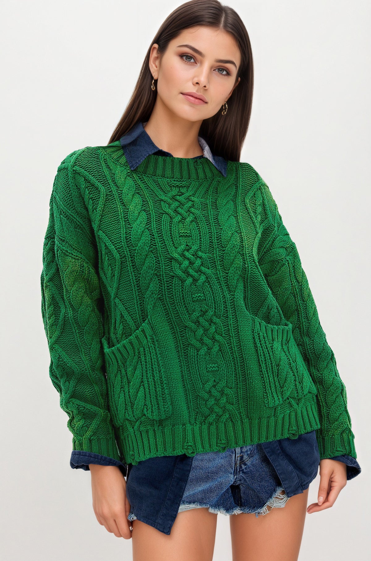 Women's Oversized Cable Knit Pullover Sweater with Pocket