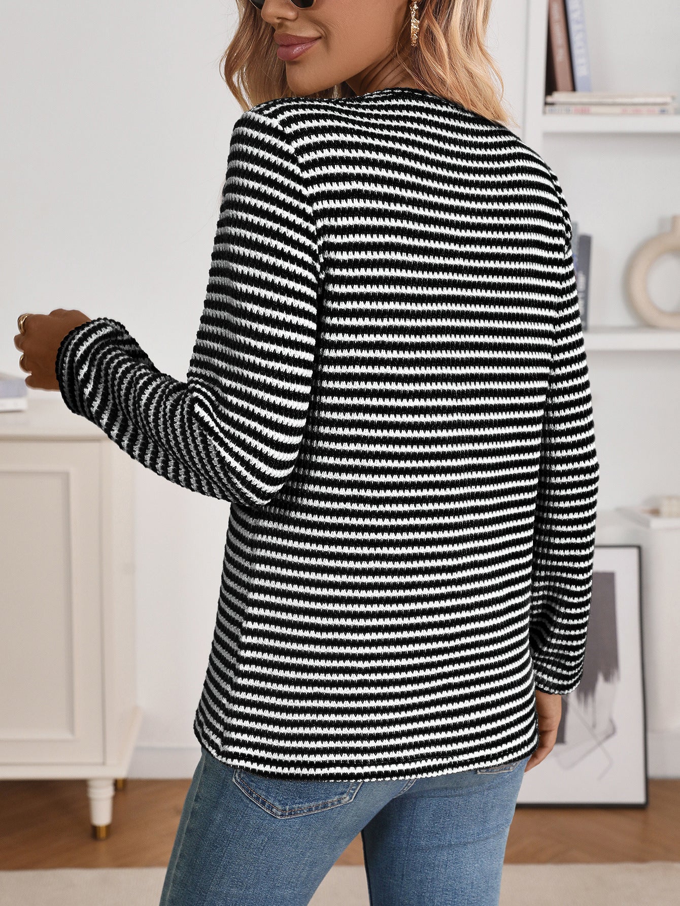 Striped Viscose Henley Top Textured Long Sleeve