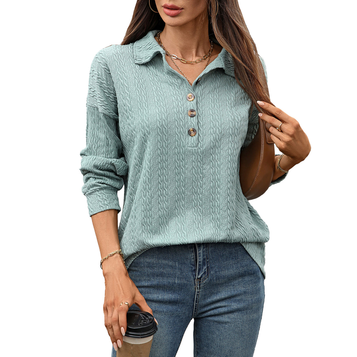 Women's Collared Button Long Sleeve Oversized Sweatshirt