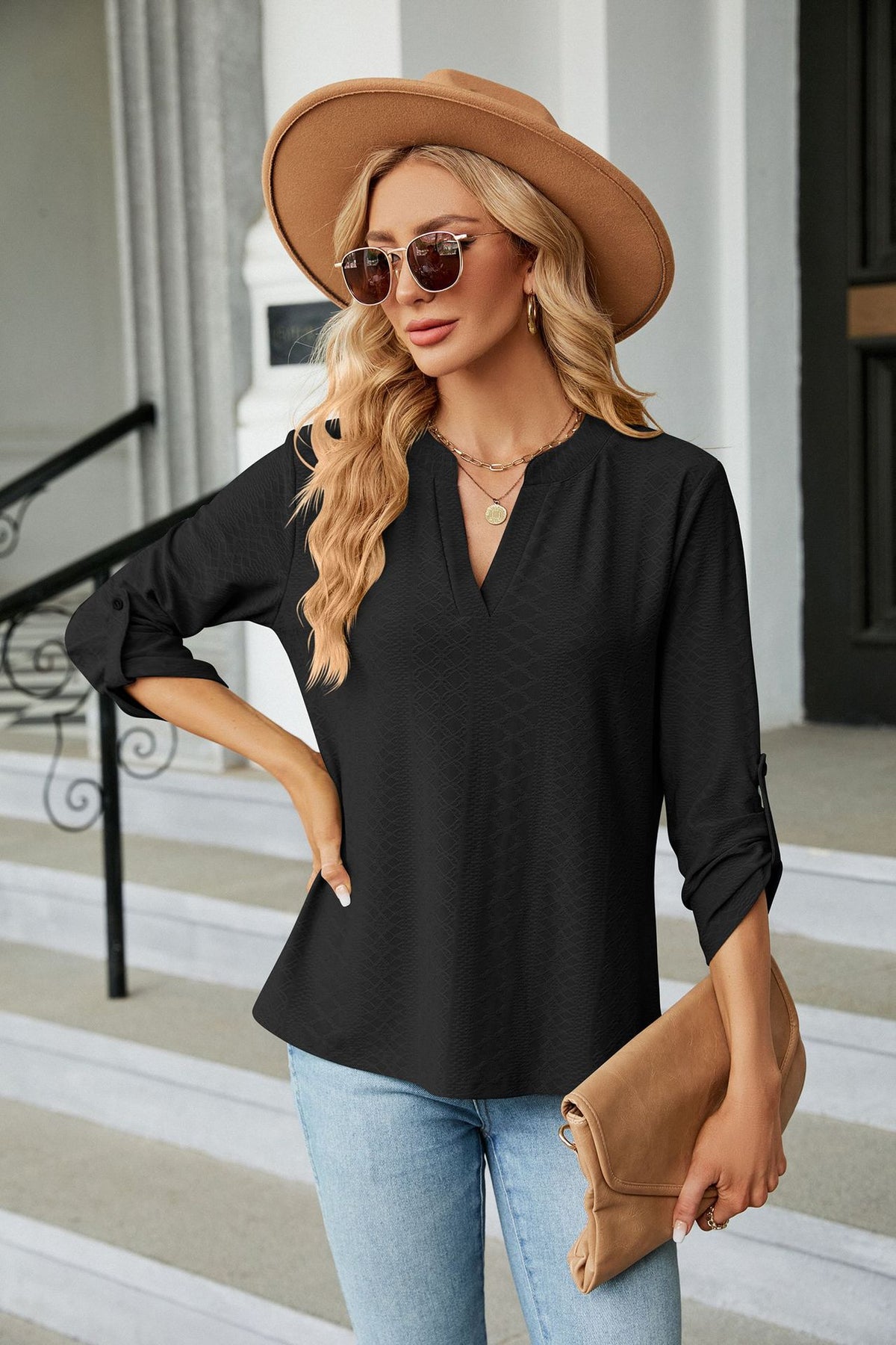 Women's V Neck 3/4 Sleeve Button Loose Fit Blouse Top